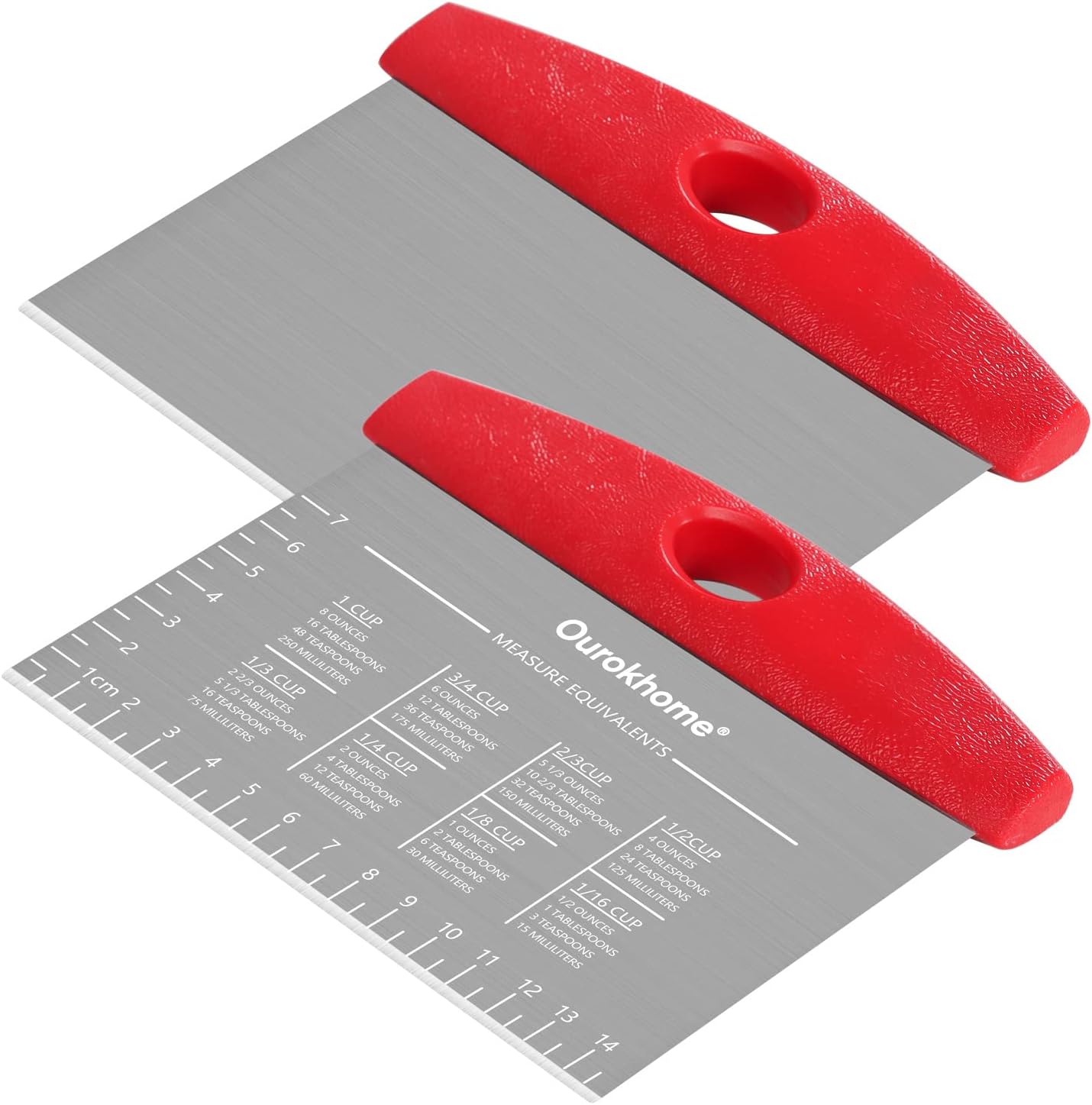 Ourokhome Dough Pastry Bench Cutter Scraper, Stainless Steel Pizza Cutter for Kitchen Baking, Dishwasher Safe, Anti-Wear Laser-Engraved Measuring Scale and Conversion Chart, 2 Pack, Red