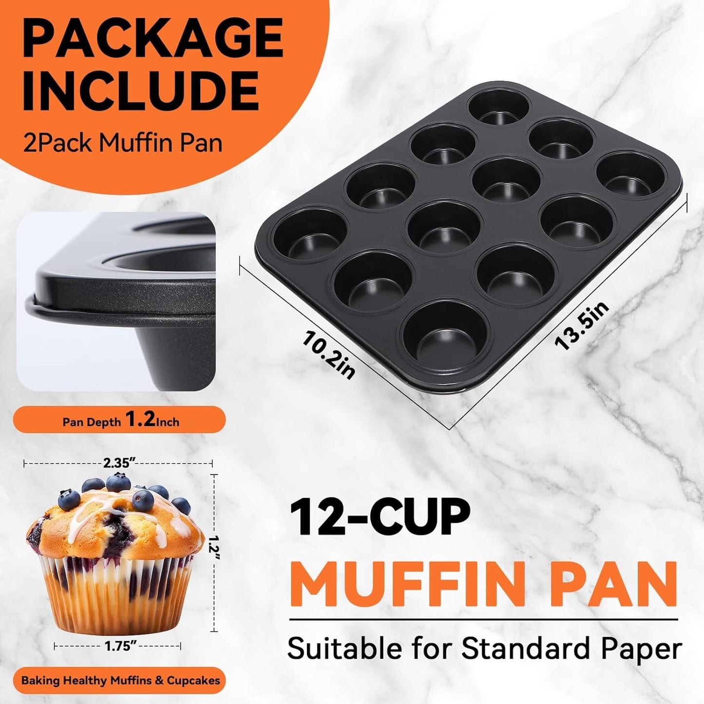 Yoehka 2 Pack Muffin Pan for Baking, Nonstick Cupcake Pan Set, Standard 12-Cups Muffin Tin for Baking Cupcakes & Mini Pies, Carbon Steel Baking Supplies