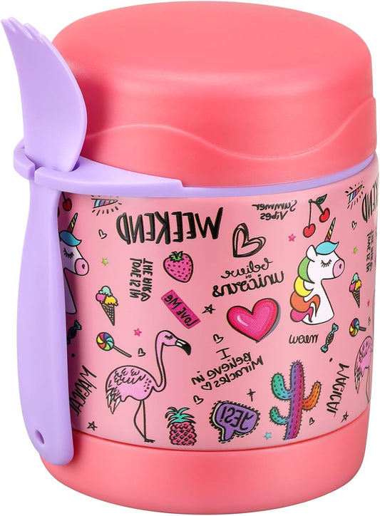 10oz Soup Thermo for Hot Food Kids,Lunch Thermo Kids Food Jar with Spoon Hot Insulated Food Containers,Leak Proof Stainless Steel Wide Mouth Lunch Food Thermo Jar for School(Pink-Flamingo)