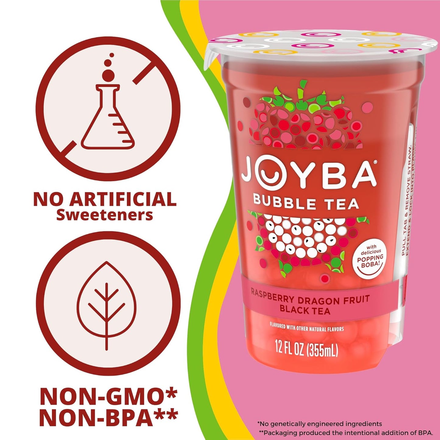 Joyba Bubble Tea Variety Pack, Mango Passion Fruit Green Tea & Raspberry Dragonfruit Black Tea with Popping Boba, 6 Pack, 12 fl. oz. Cups