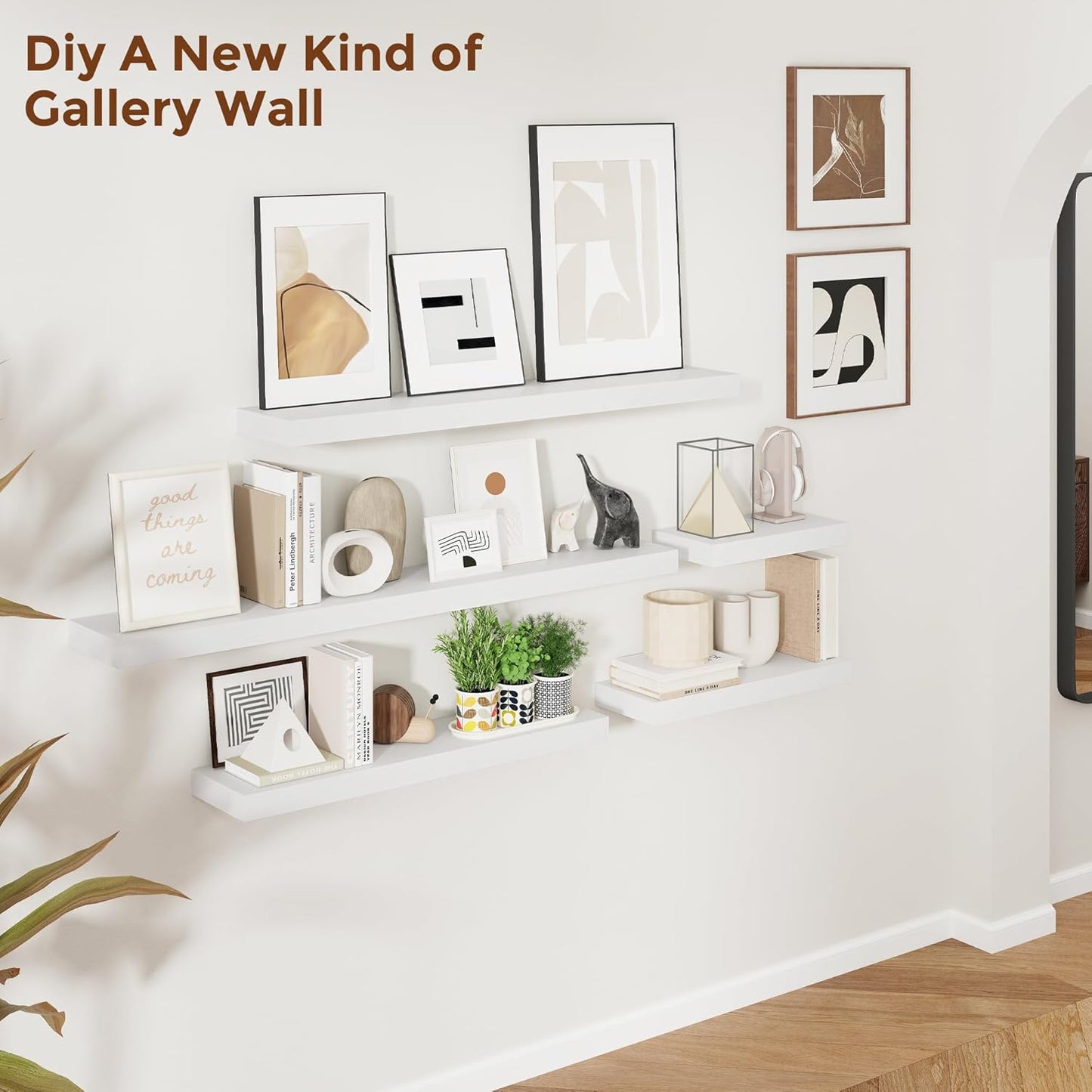 Heimlove 55 Inch Floating Shelves for Wall 8 Inch Deep White Shelves Set of 2,Wall Mounted Rustic Wood Long Floating Shelf，Large Extra Display & Storage Shelf with Invisible Brackets