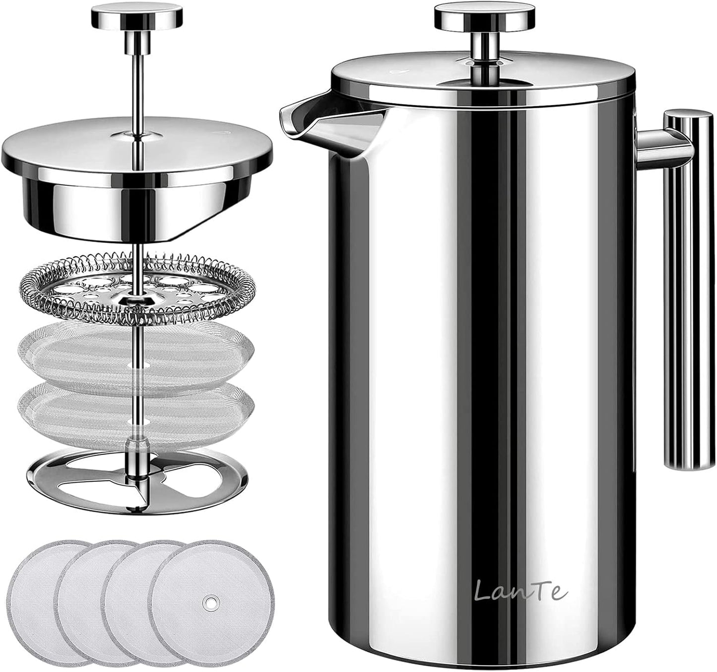 French Press Coffee Maker, Double Insulated 304 Stainless Steel Coffee Tea Maker 4 Level Filtration System, No Coffee Grounds, Rust-Free, Dishwasher Safe, 1000ml