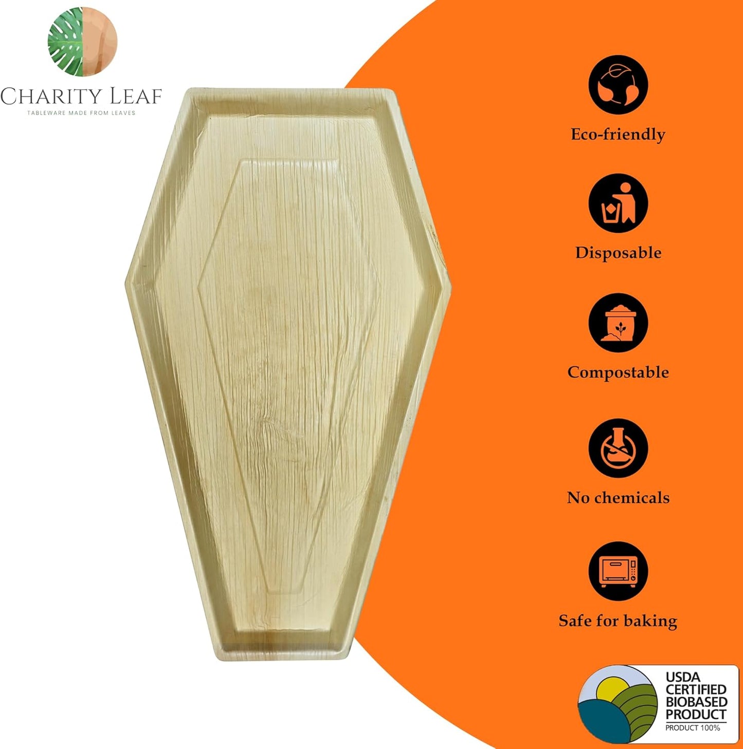 Charity Leaf Disposable Palm Leaf 22"x12" Coffin Trays (5 Pieces) Bamboo Like Serving Platters, Disposable Boards, Eco-Friendly Dinnerware for Halloween, Weddings, Catering, Events