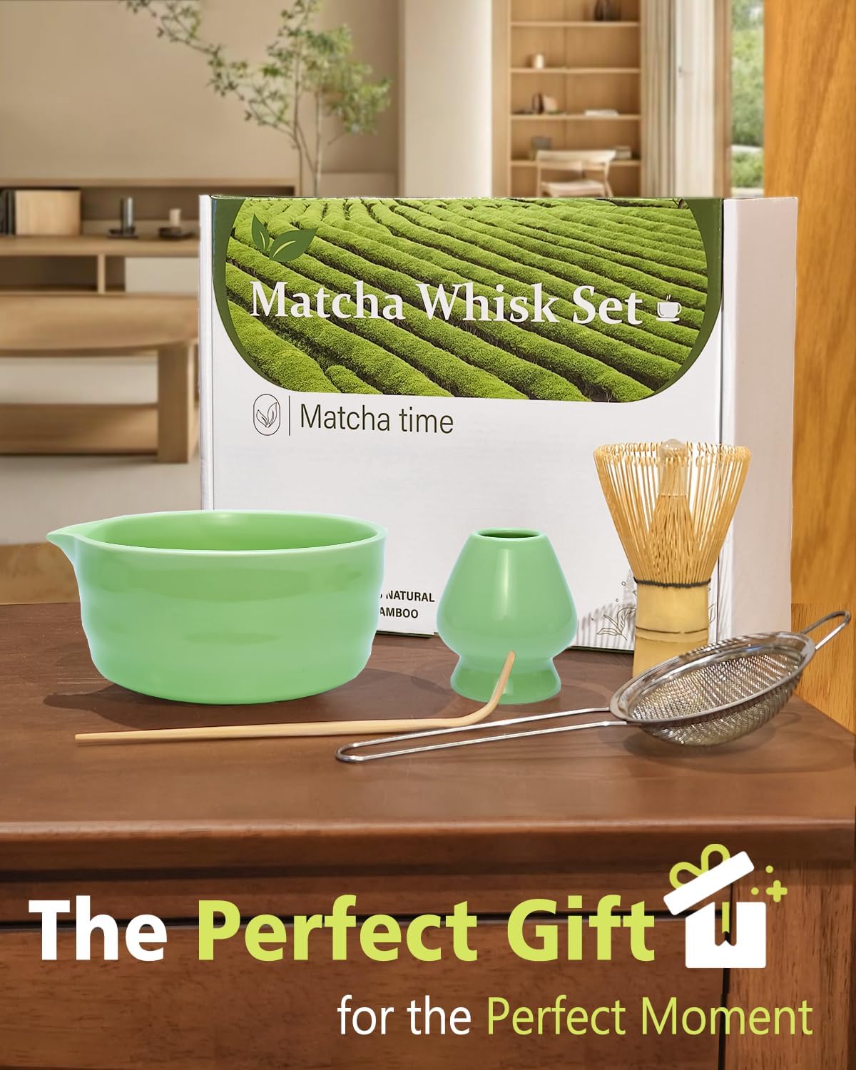 Matcha Whisk Set with Matcha Bowl, Matcha Whisk Holder Matcha Bamboo Whisk, Scoop, Sifter, Unique Gifts for Women Men Girl Friend Home Kitchen Decor（Light Green）