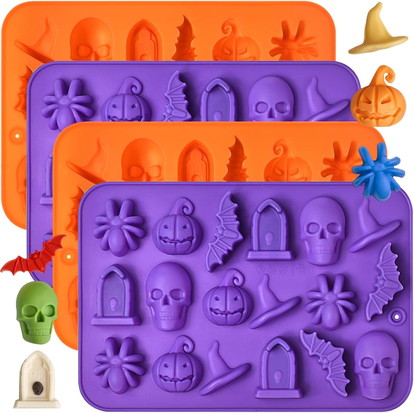 JOERSH Halloween Chocolate Silicone Molds, 4PCS Skull Pumpkin Witch Hat Bat Spider Tombstone Shaped Candy Mold Non Stick Baking Pan for DIY Chocolate, Fondant, Cake Decorating