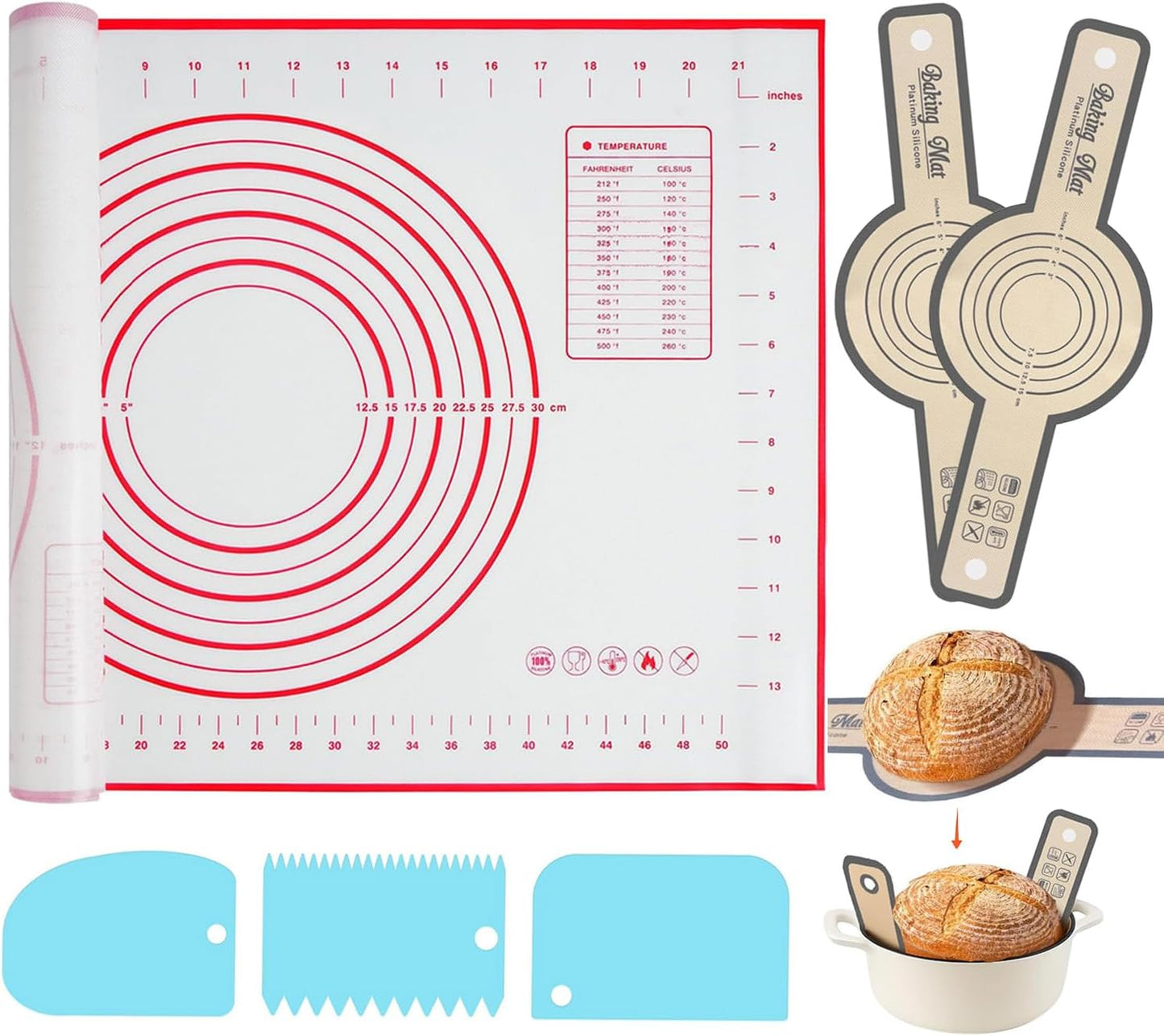 Silicone Baking Mat 16" x 24" - 2 Pcs Silicone Bread Sling for Dutch Oven - NonStick High Degree Kitchen Sour Bread Making Loaf Pan Lifter Liner,Non-Slip Pastry Mat for Rolling Dough,3 Scrapers