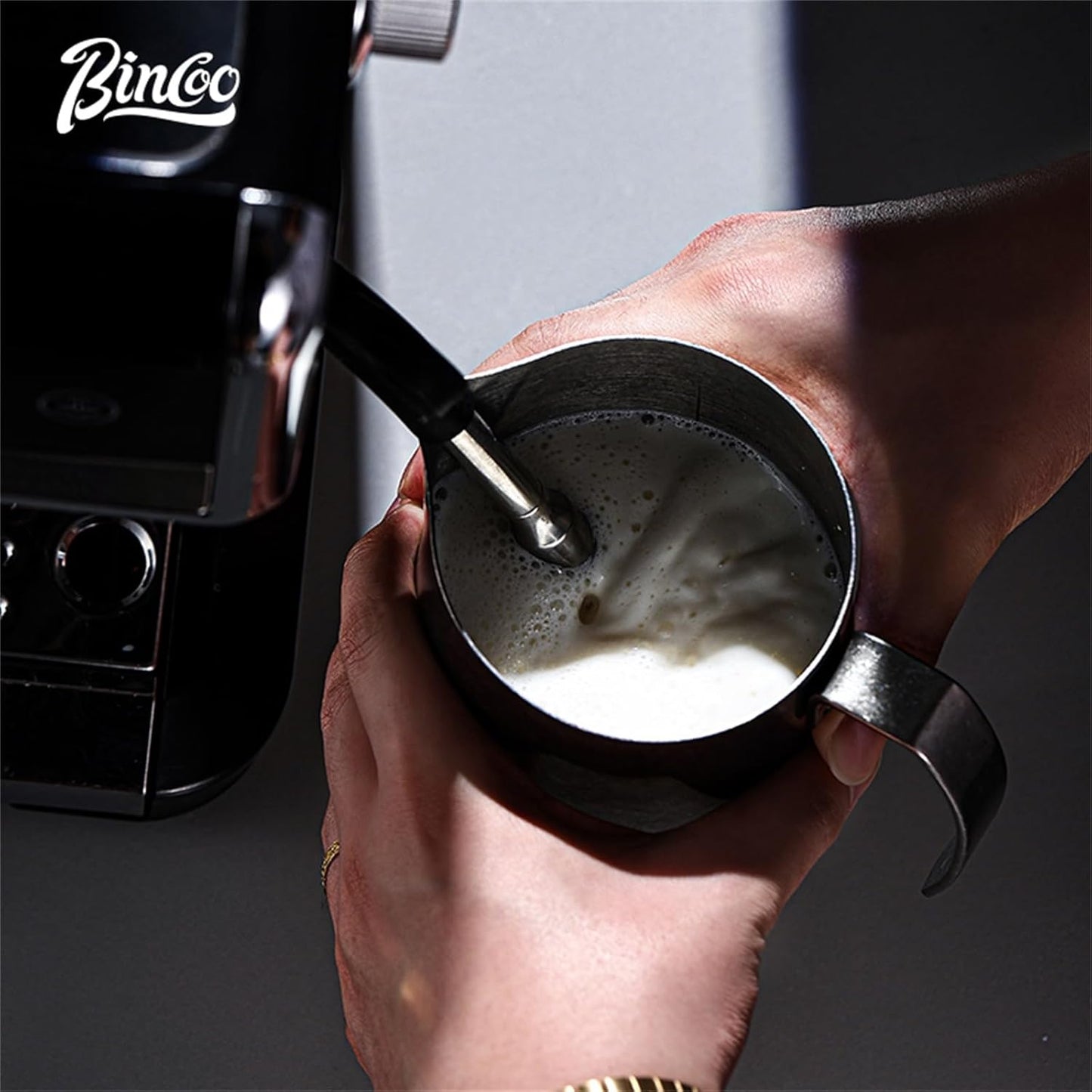 Bincoo Milk Frother Pitcher 500ml(17oz) - Stainless Steel Barista Milk Frothing Cup with Ice Crystals Design - Professional Espresso & Cappuccino for Coffee Machine,Latte Art