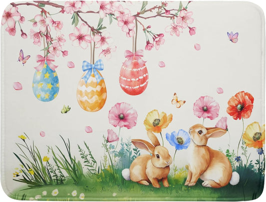 Giwawa Easter Bunny Dish Drying Mat, Spring Rabbits Eggs Hunt Dish Drainer Mats for Kitchen Countertop, Watercolor Floral Absorbent Reversible Dish Drying Pad Decor, 18x24inches, Large