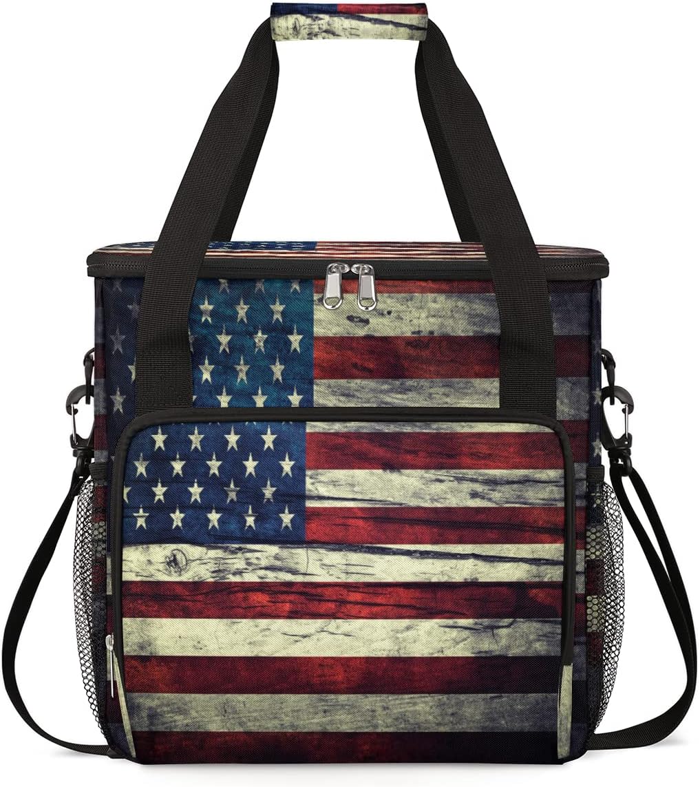 Vintage American Usa Flag Coffee Maker Carring Bag Travel Storage Tote Bag Compatible with Keurig K-Mini or K-Mini Plus Portable Single Serve Coffee Brewer Case with Pockets for K-cup Pods