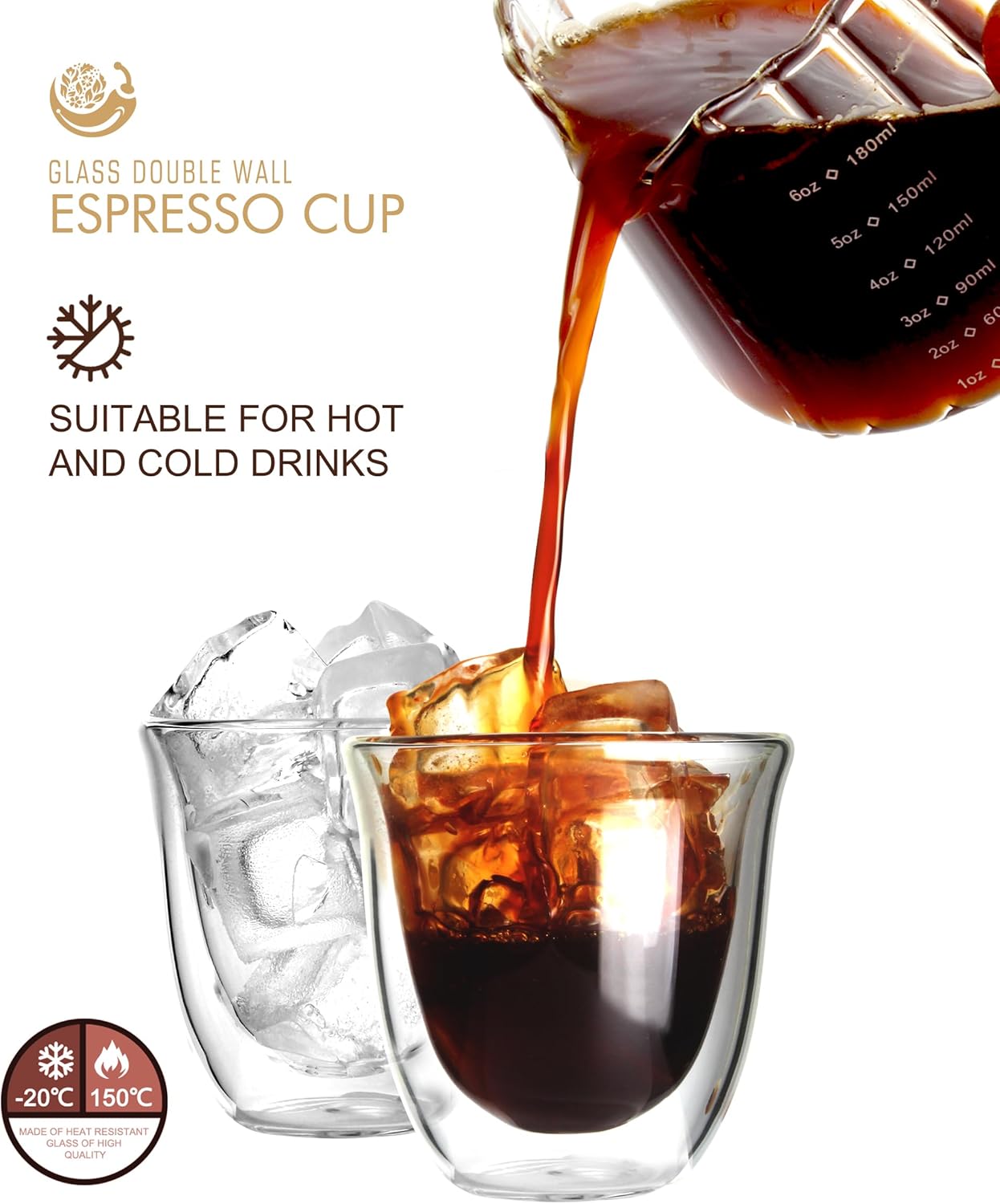 Double Wall Insulated Espresso Cups Set of 4-3oz Borosilicate Glass, Heat & Thermal Shock Resistant, Keeps Hands Cool, for Home, Cafe, Gift