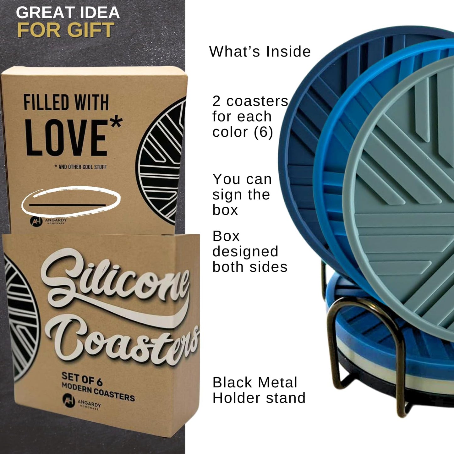 Coasters Set of 6 - Silicone Drink Coasters for Home Decor and Coffee Table Modern Elegant Blue Pattern - Round 4" Housewarming Gifts