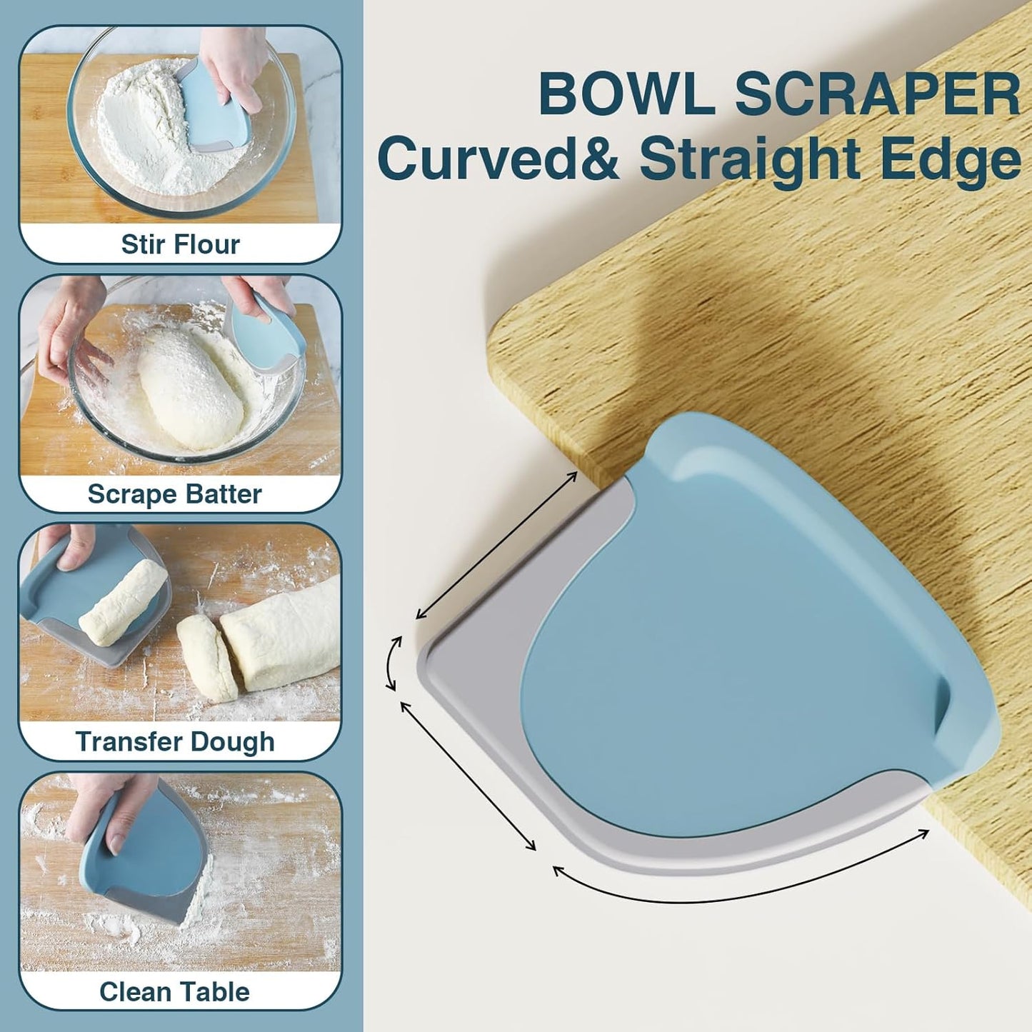 Bench Scraper Dough Cutter Tool - Bowl Pastry Scraper for Bread Cake Pizza, Bench Knife Kitchen Dough Scraper for Baking, Stainless Steel Food Scraper with Grip Handles & Measuring Scal, Blue