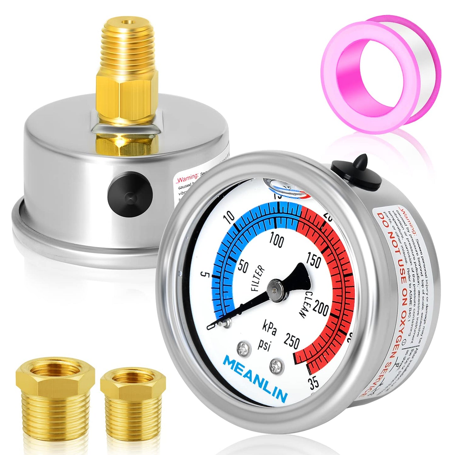 MEANLIN MEASURE 1/4" NPT 0-35psi Pressure Gauge, 2" Dial Glycerine Filled Pool Filter, 304 Stainless Steel Housing, Back Mount, with 1/2" NPT and 3/8" NPT Hex Bushing
