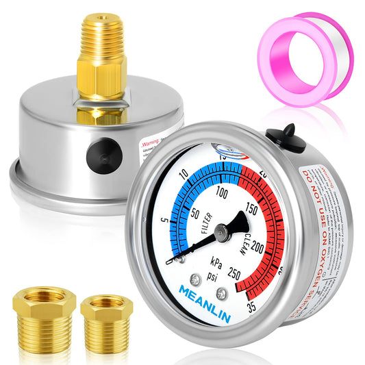 MEANLIN MEASURE 1/4" NPT 0-35psi Pressure Gauge, 2" Dial Glycerine Filled Pool Filter, 304 Stainless Steel Housing, Back Mount, with 1/2" NPT and 3/8" NPT Hex Bushing