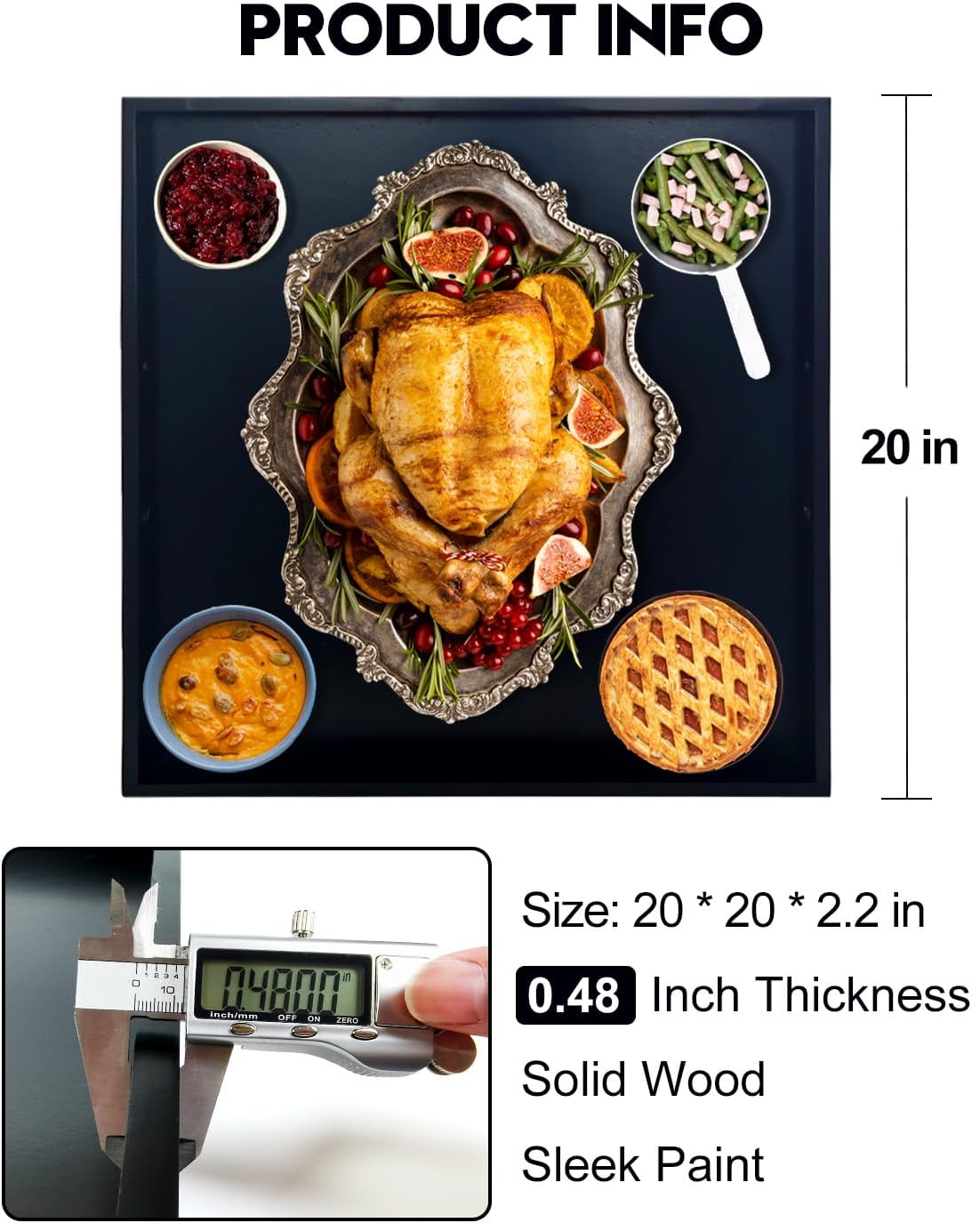 20 Inches Square Wooden Ottoman Tray Black, Large Wood Serving Tray with Handles for Living Room, Serving Food Breakfast, Ottoman Coffee Table Couch Sofa Kitchen