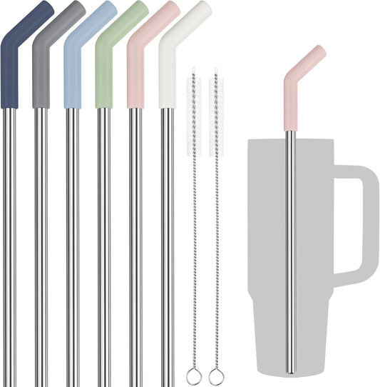 Tomorotec 6-Pack Morandi Colors Silicone Tip Stainless Steel Straws for 30oz Stanley Tumblers with 2 Cleaning Brushes, BPA-Free 10" Long Compatible with Adventure Quencher, Enhances Drink Enjoyment
