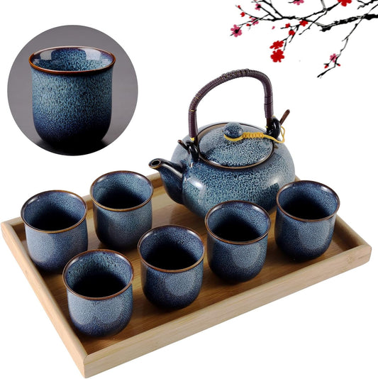 DUJUST Japanese Tea Set for 6, Kiln Altered Glaze Porcelain Tea Set with 1 Teapot, 6 Tea Cups & 1 Tea Tray, Unique Chinese Tea Sets for Adults/Tea Lovers/Women/Men, Blue