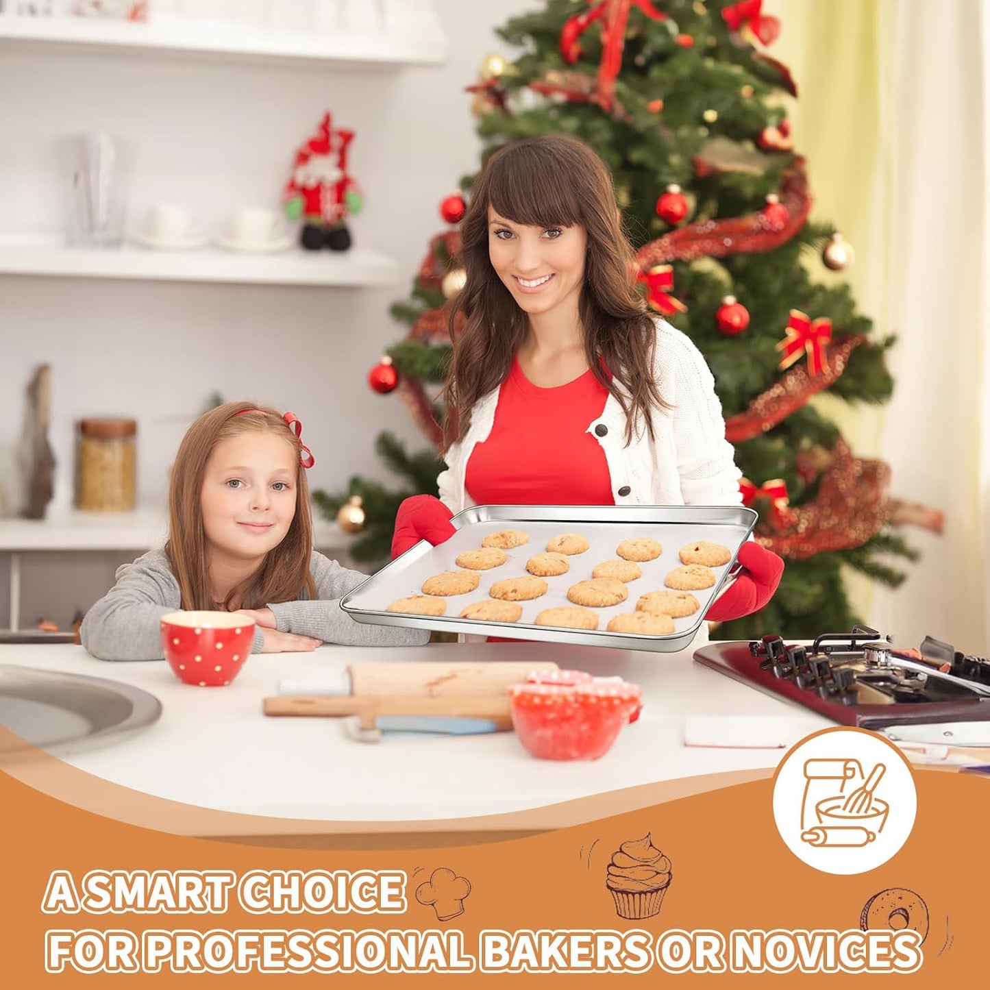 Stainless Steel Baking Sheet Set of 2, Deedro Cookie Sheet Metal Baking Pan Oven Tray, Non Toxic & Heavy Duty, Rust Free & Mirror Finish, Easy Clean & Dishwasher Safe, 16 x 12 x 1 Inch