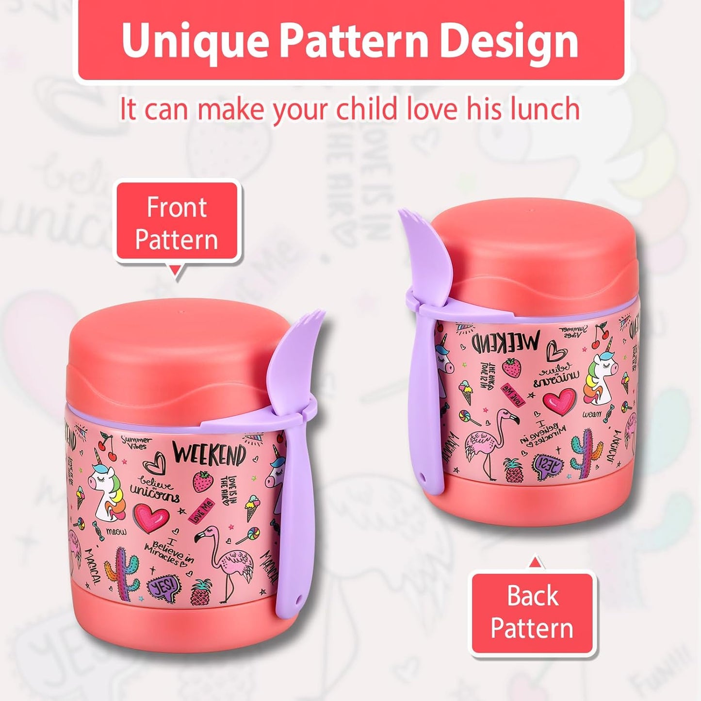 10oz Soup Thermo for Hot Food Kids,Lunch Thermo Kids Food Jar with Spoon Hot Insulated Food Containers,Leak Proof Stainless Steel Wide Mouth Lunch Food Thermo Jar for School(Pink-Flamingo)