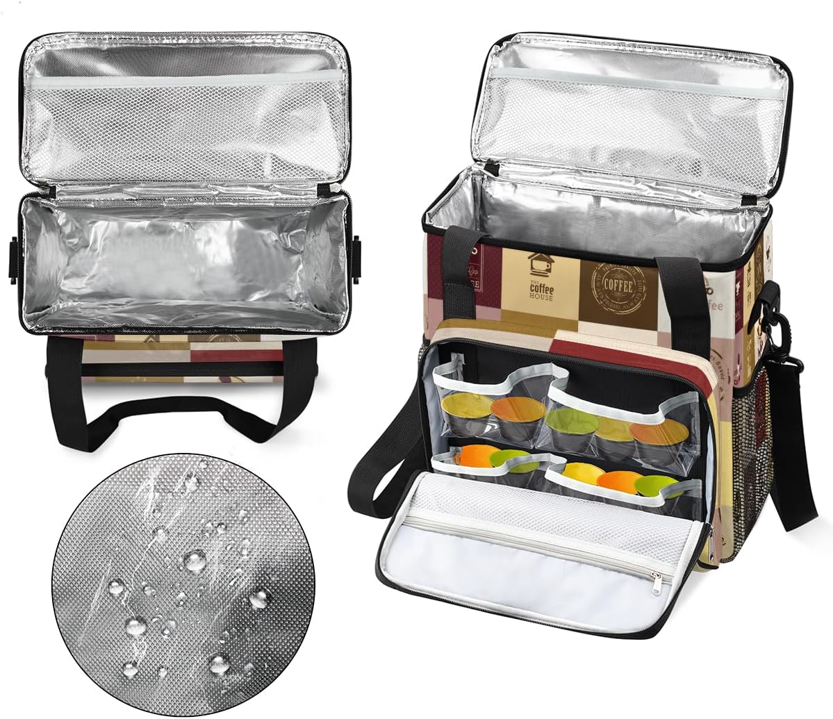 Set of Coffee Icons Maker Carring Bag Travel Carrying Storage Tote Compatible with Keurig K-Mini or Plus Portable Single Serve Brewer Case Pockets for K-cup Pods