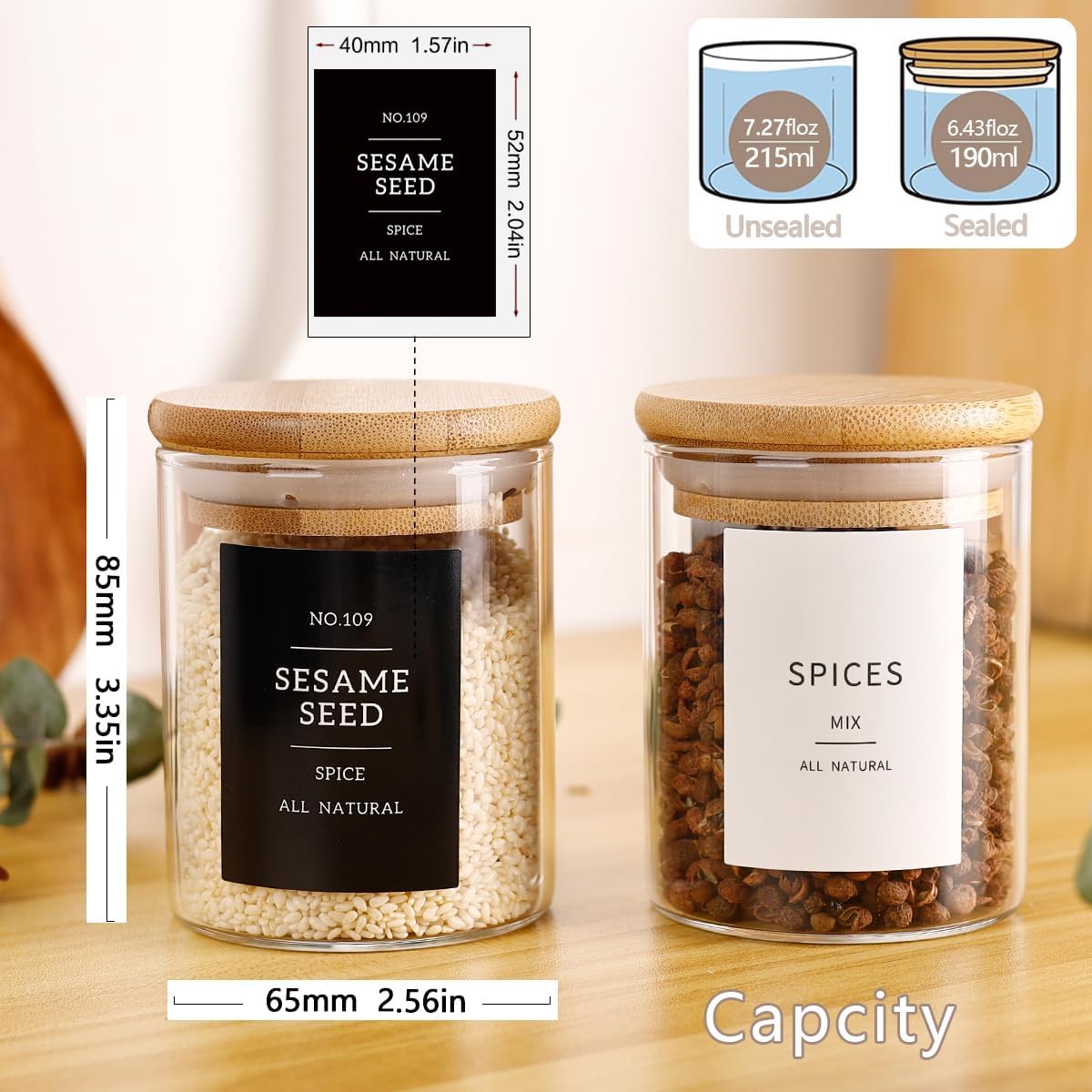 12 Pcs Glass Spice Jars With 296 Spice Labels Preprinted of White and Black Color- 6oz Thicken(2.4mm) Spice Containers With Bamboo Airtight Lids - Empty Small Herb Seasoning Jars