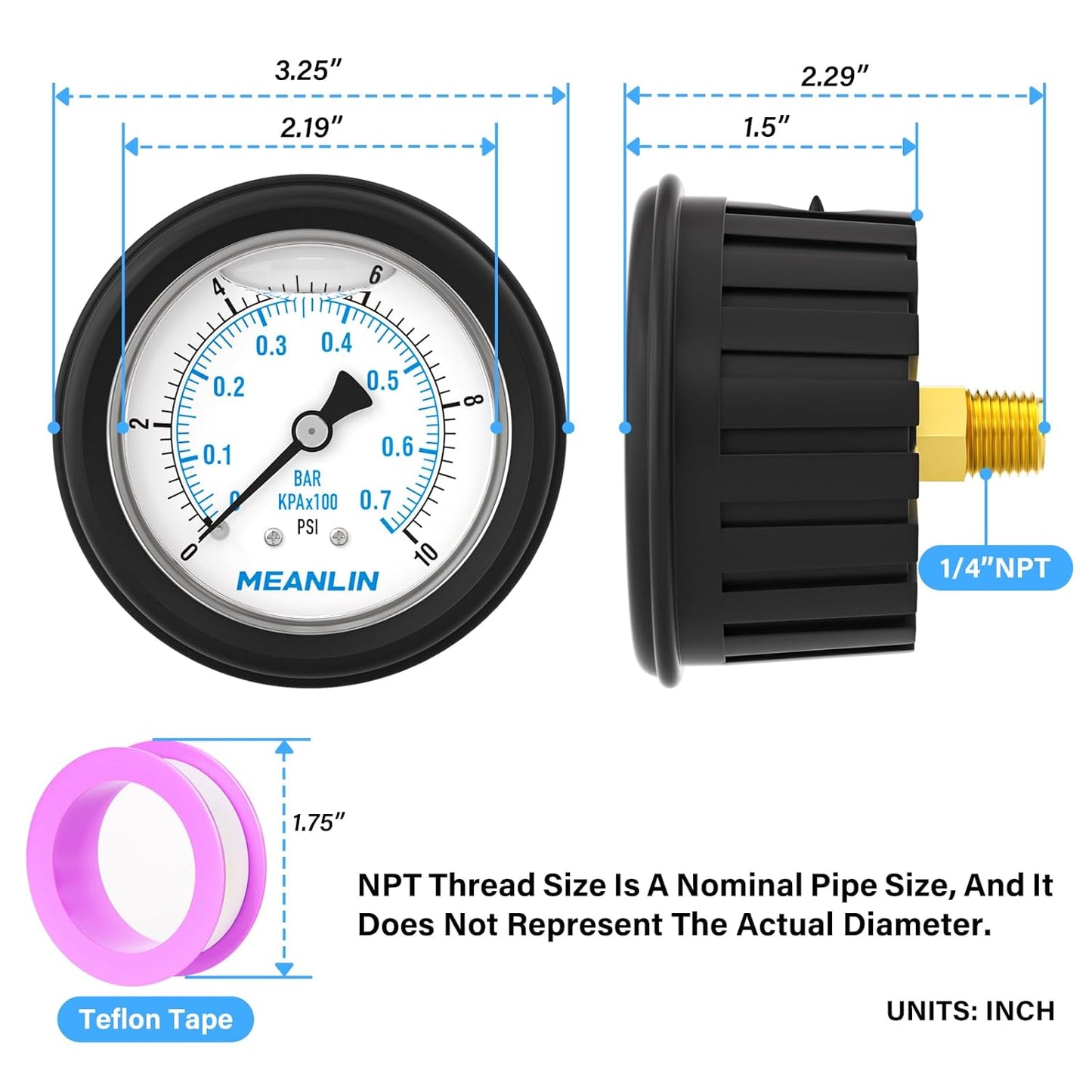 MEANLIN MEASURE 0~10Psi Stainless Steel Liquid Filled Pressure Gauge 1/4" NPT 2.5" FACE DIAL with Rubber Protective Sleeve, Center Back Mount