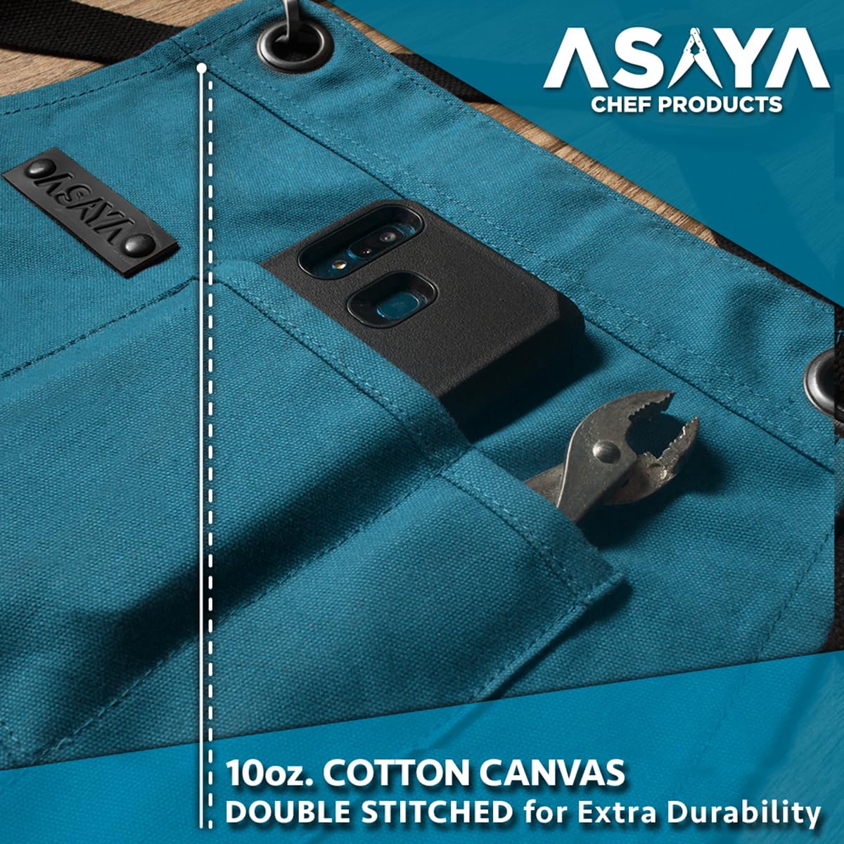 Asaya Chef and BBQ Apron with Bottle Opener and Hand Towel - 10oz Cotton Canvas, Stainless Steel Hardware - Cross Back Straps