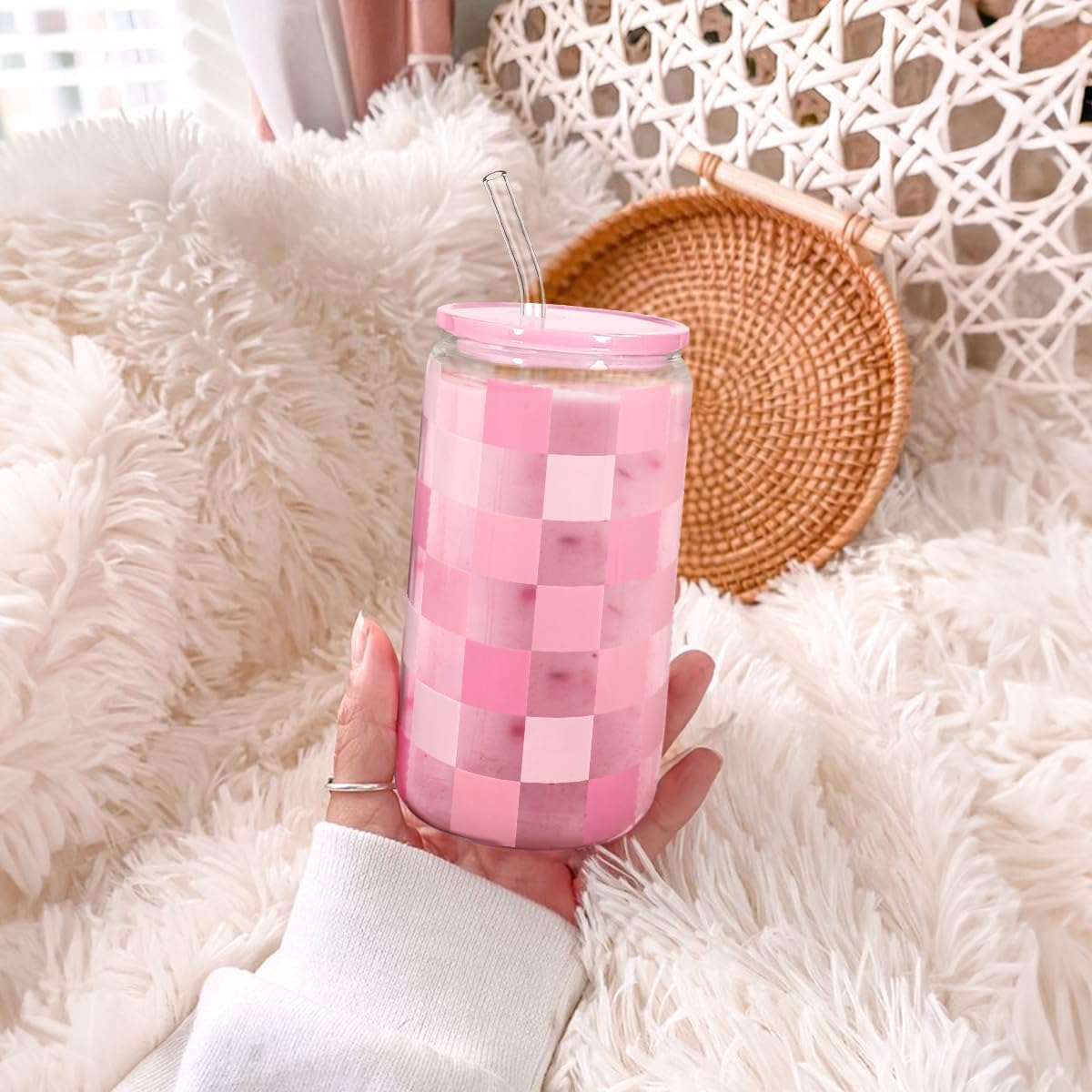 Checker 16 Oz Can Glass Tumbler with Acrylic Lid and Straw - Iced Coffee Cups for Women, Aesthetic Glass Cup Gift for Birthday Christmas