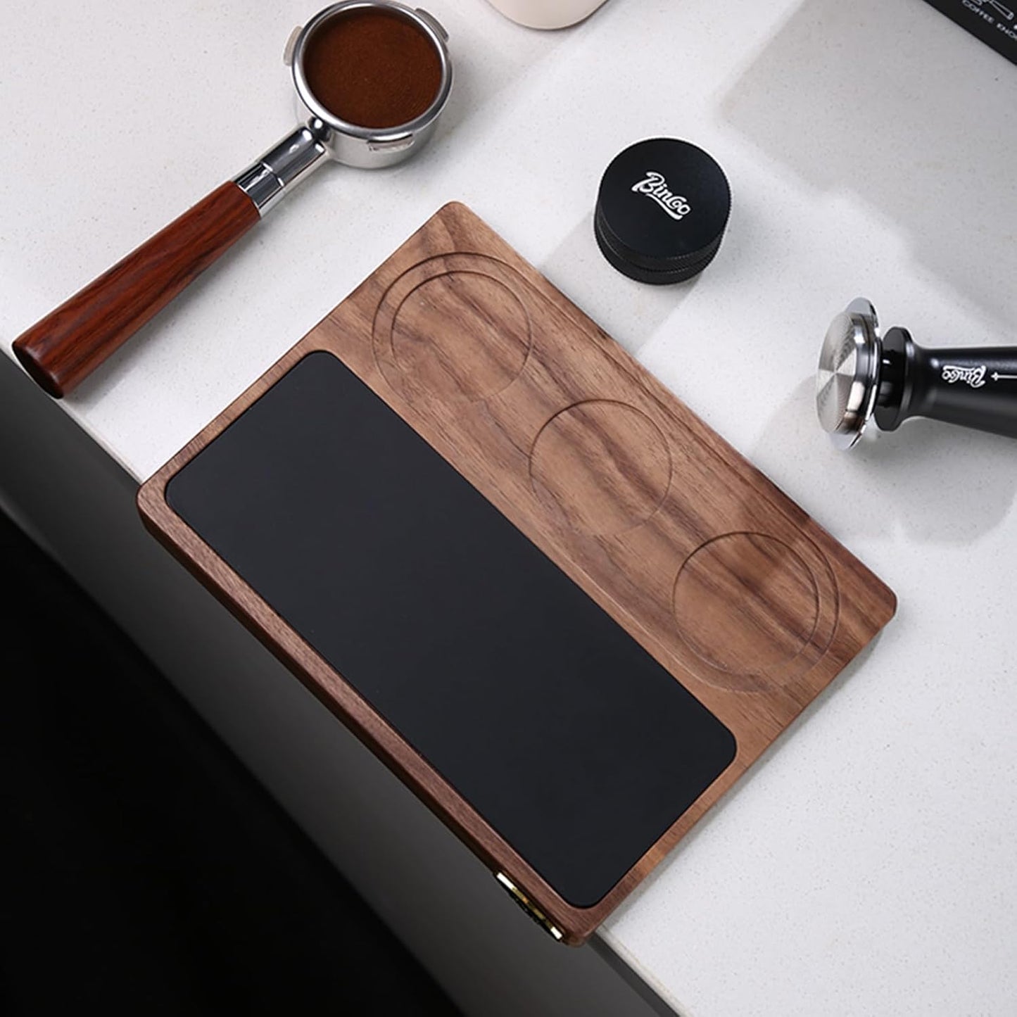 Bincoo Wooden Corner Coffee Tamper Mat,Espresso Tamper Station,Suit for 51-58mm Coffee Tamper Holder Pad for Baristas Protect Your Worktop(Wood 3 hole)