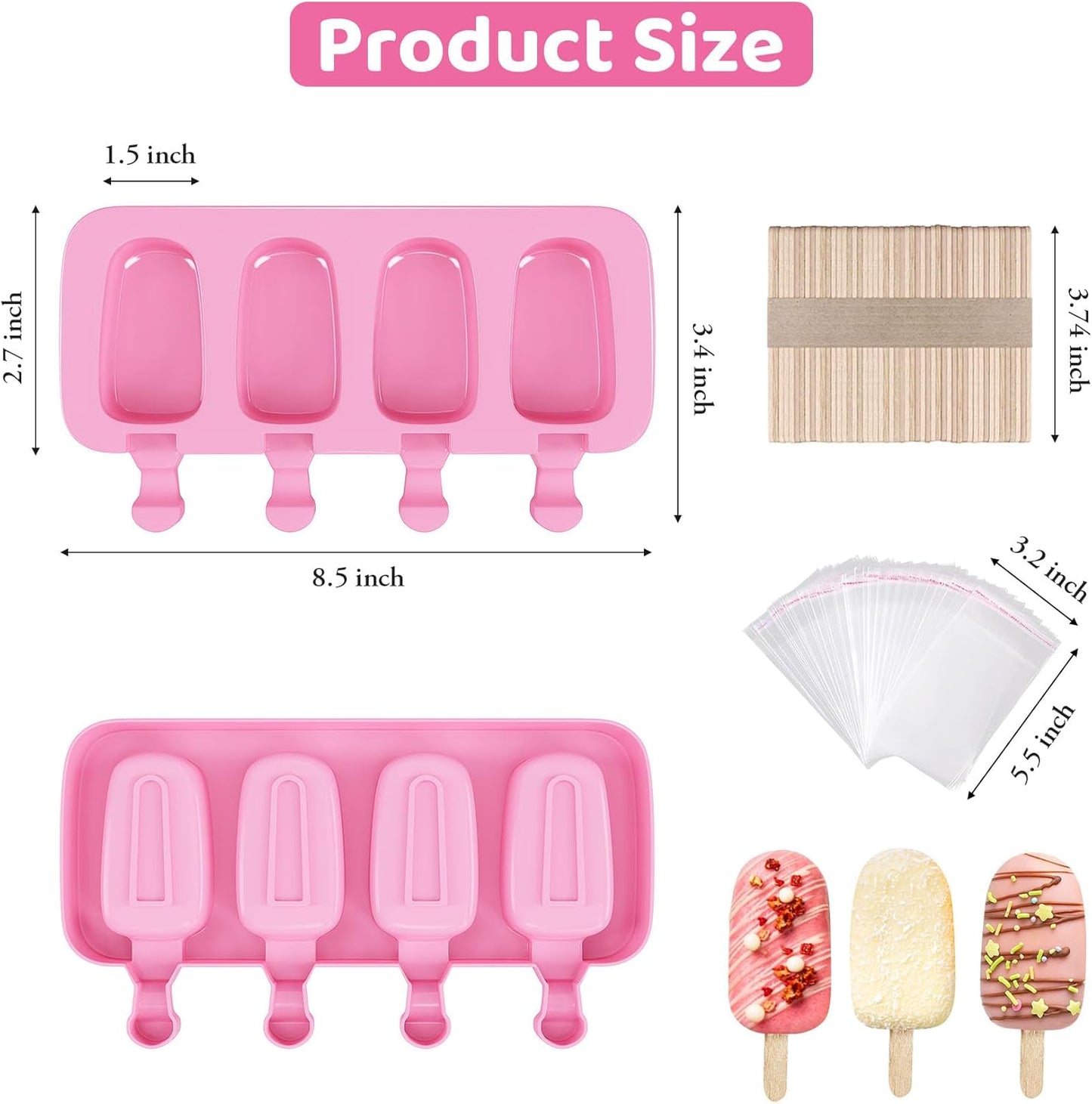 Ouddy Life Popsicle Molds Set of 2, Ice Pop Molds Silicone 4 Cavities Ice Cream Mold Oval Cake Pop Mold with 50 Wooden Sticks for DIY Popsicle (Pink)