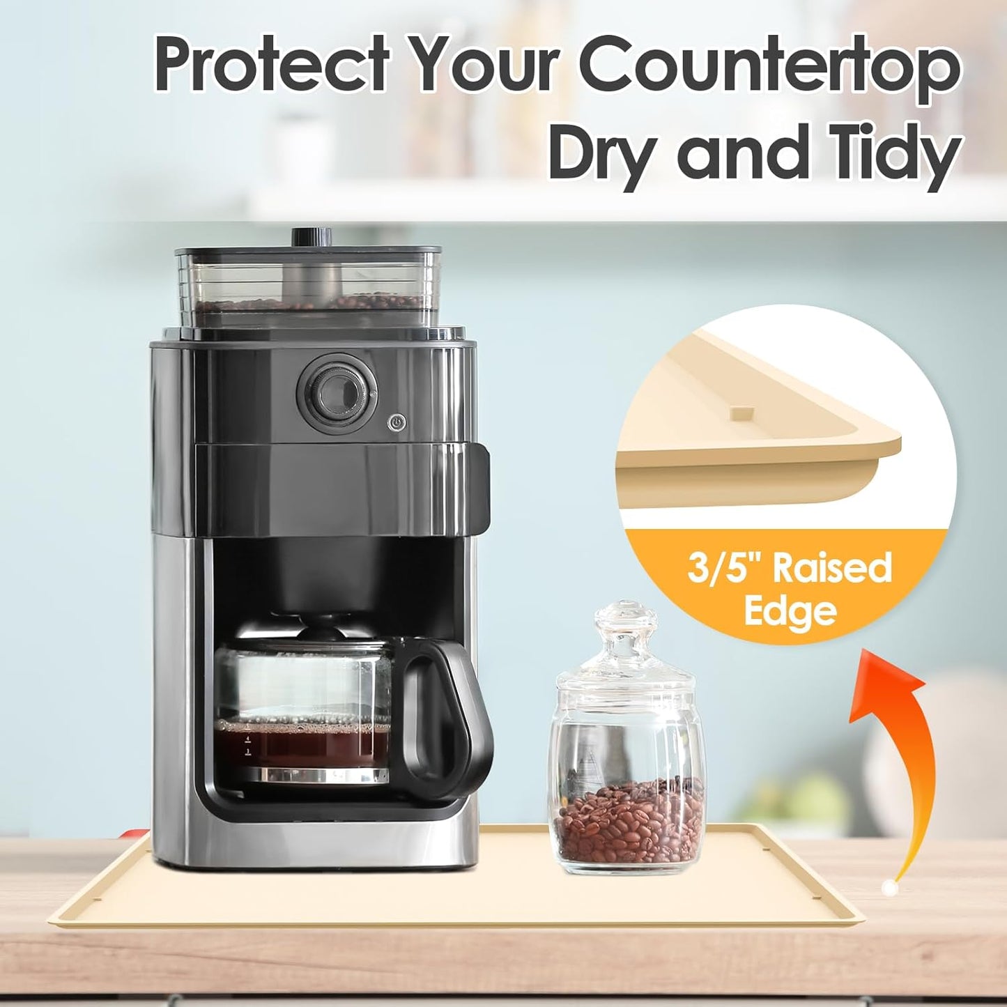 TOHONFOO Silicone Coffee Maker Mat with Lip, 19.7'' x 15'' Heavy Duty Coffee Maker Mat for Countertops, Coffee Tray Fit Under Coffee Machine Appliance Automatic Machines Espresso Accessory, Beige