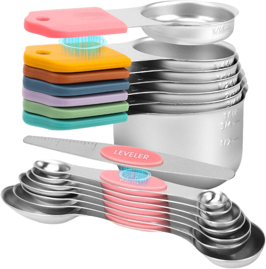 15-Piece Stainless Steel Measuring Cups and Spoons Set, Strong Magnetic Nesting Design 7 Cups 7 Spoons with Leveler, Double Measurement Markings for Dry & Liquid Ingredients, Pink & Colorful