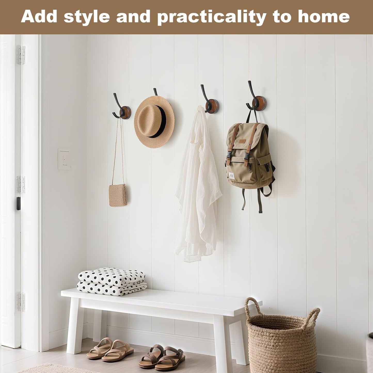 kuaima Coat Hooks Wall Mount, Round Walnut Wood Wall Hanger with Metal Double Hooks, Towel Robe Hooks Heavy Duty, Small, 4 Pcs