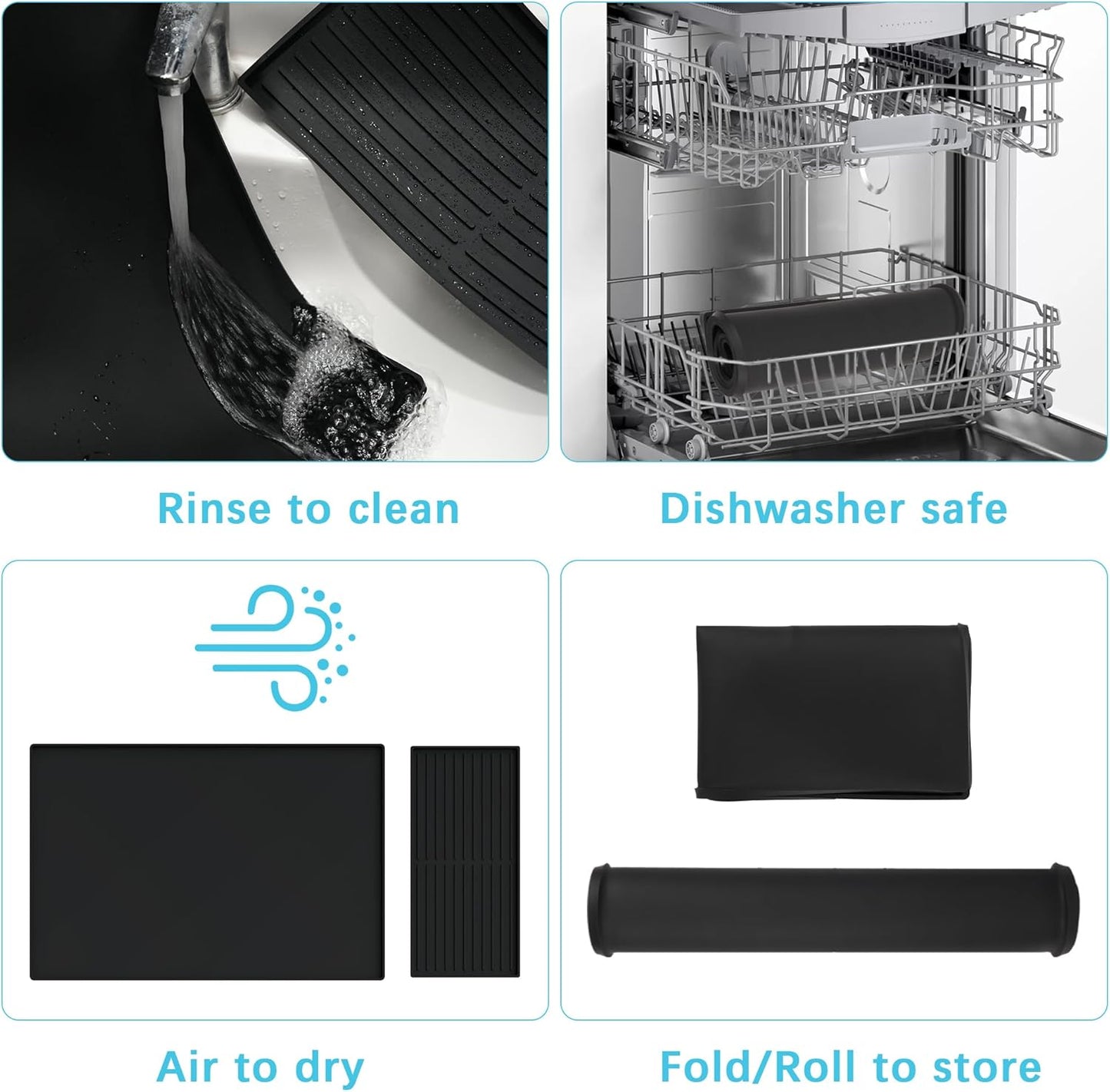 Golener Silicone Coffee Mat Set - 24" x 16" Coffee Bar Mat for Countertop, Kitchen Station Pad Accessories Fit Under Coffee Maker or Machine, Dish Drying Mat, Heat Resistant Kitchen Gadget, Black