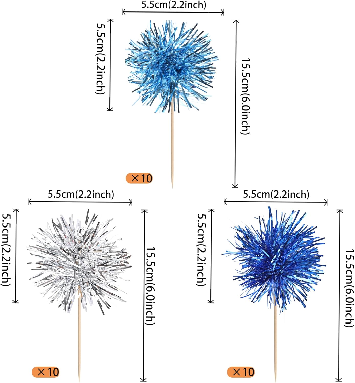 30 PCS Foil Firework Cupcake Toppers Sparkle Tinsel Cupcakae Picks Foil Firework Decorations Cocktail Fruit Toothpick for Fireworks Theme Birthday Wedding Graduation Party Decor Blue Silver Light Blue