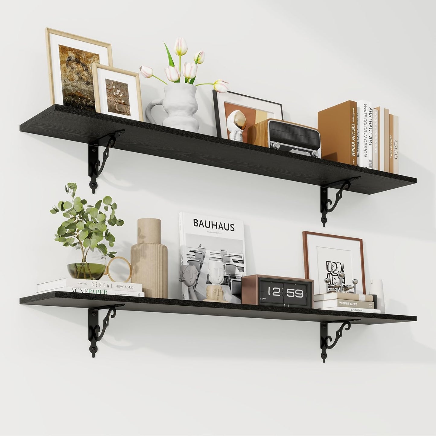 RICHFOCUS Floating Shelves for Wall Decor, 47.3W x 8D Wall Shelves Set of 2, 8 Inch Deep Rustic Wood Shelves Wall Mounted with Brackets, Long Floating Shelves for Living Room Bedroom Kitchen, Black