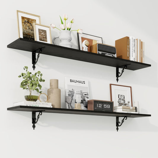 RICHFOCUS Floating Shelves for Wall Decor, 47.3W x 8D Wall Shelves Set of 2, 8 Inch Deep Rustic Wood Shelves Wall Mounted with Brackets, Long Floating Shelves for Living Room Bedroom Kitchen, Black