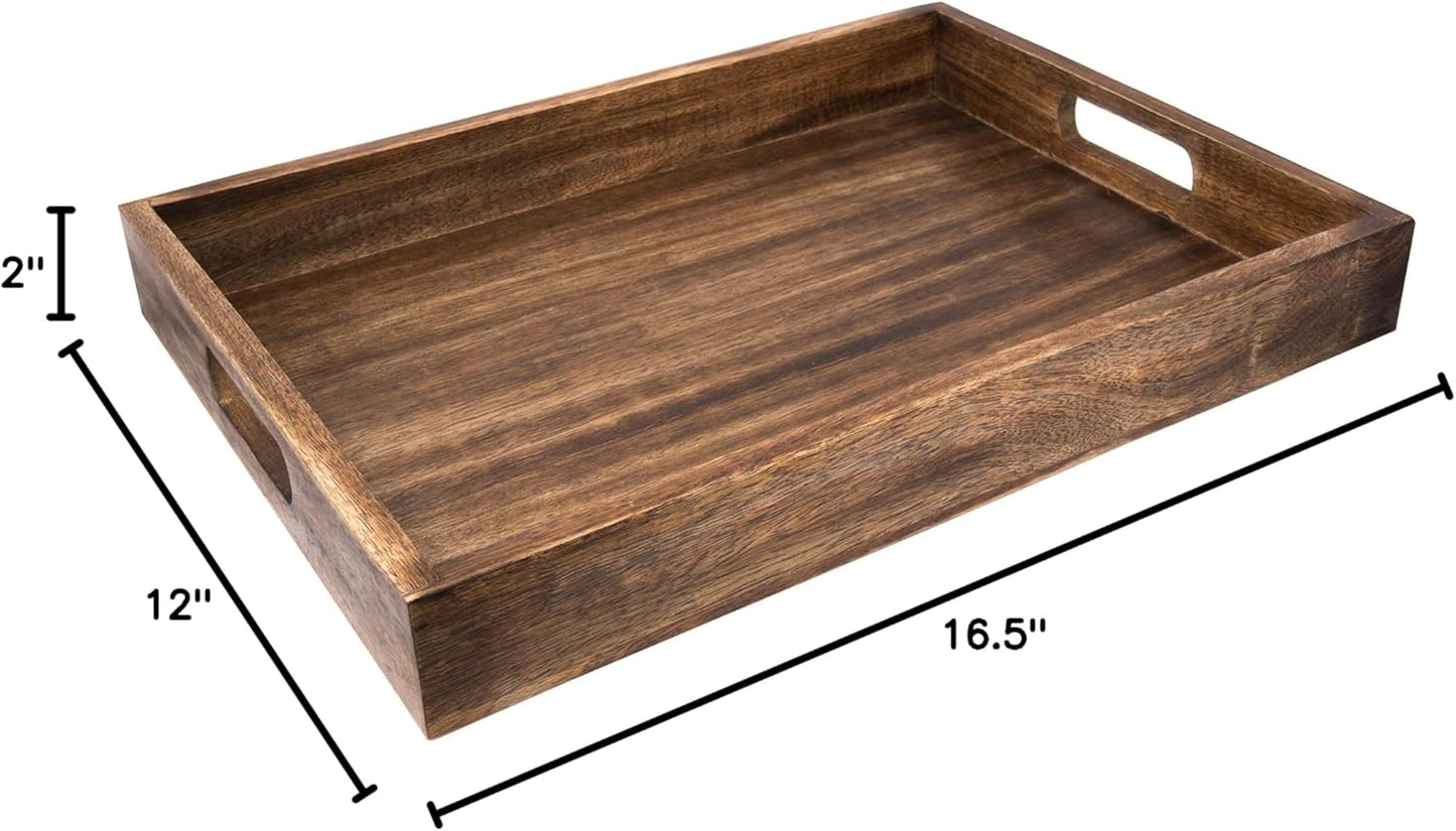GoCraft Handmade Classic Wooden Tray – Large 16.5" Mango Wood Serving Tray with Handles – Elegant Kitchen & Dining Accessory – Ideal for Breakfast in Bed, Coffee, Tea