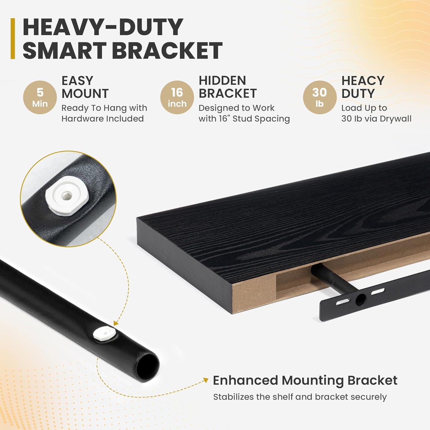 16 Inch Floating Shelves, 9.3" Deep Floating Shelf Wall Mounted, 16" Wall Shelves, Rustic Deep Bookshelf, Large Display Shelves & Storage Shelves for Bedroom, Living Room, Black, Set of 2