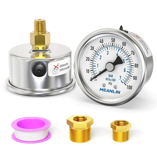 MEANLIN MEASURE 0~100Psi Dry Pressure Gauge Stainless Steel 1/8" NPT 2" FACE DIAL Waterproof for Well Pump Water Tire Water Pressure Tester Back Mount with 1/4" NPT and 3/8" NPT Hex Bushing