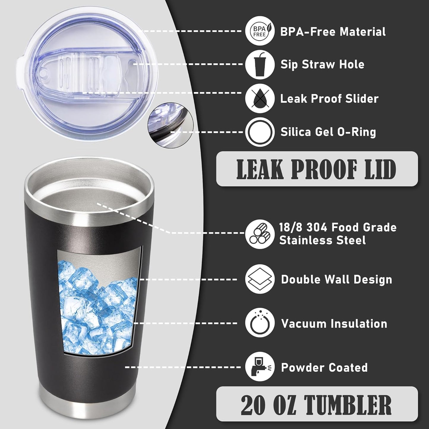 20 oz Tumbler Coffee Tavel Tumblers Bulk with Lid Stainless Steel Double Wall Vacuum Insulated Mug Powder Coated Cups fit Car Cupholder for Hot and Cold - Black, 8Pack