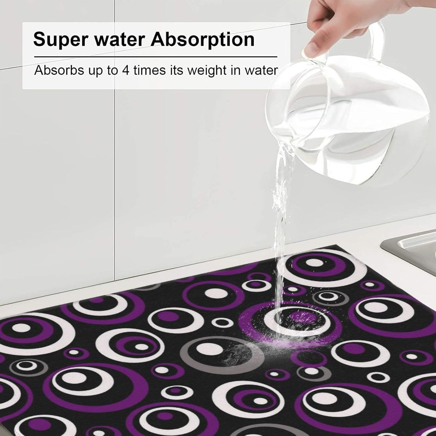Purple White and Black Circle Pattern Dish Drying Mat, Absorbent Microfiber Decorative Kitchen Counter Mat, 16x18 inch Polyester, Absorption, Foldable, for Dishes Utensils Small Appliances, Home Decor