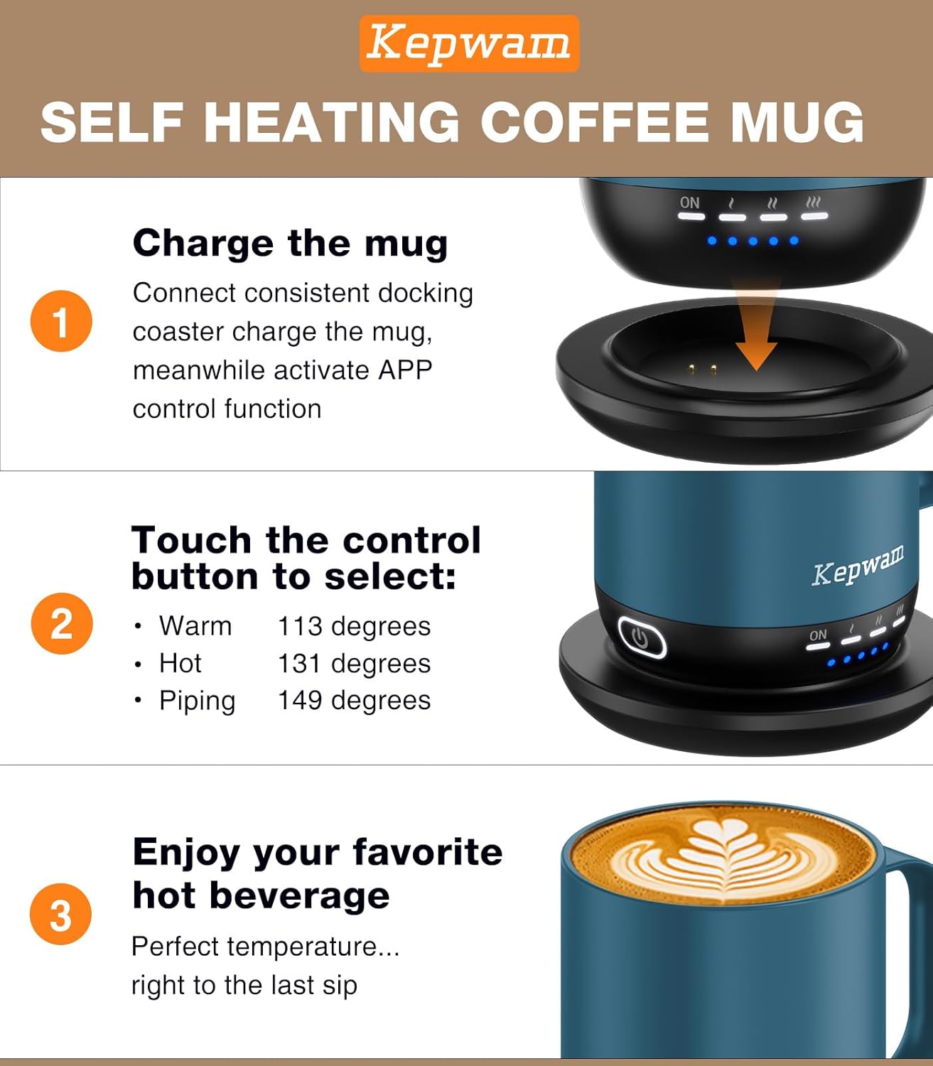 Self Heating Coffee Mug T1-16oz Fast Heating & Ultra Long-Lasting Battery Life, Heated Coffee Mug Up to 149℉ - Touch & App Controlled Coffee Mug, Birthday Gifts for Women and Men