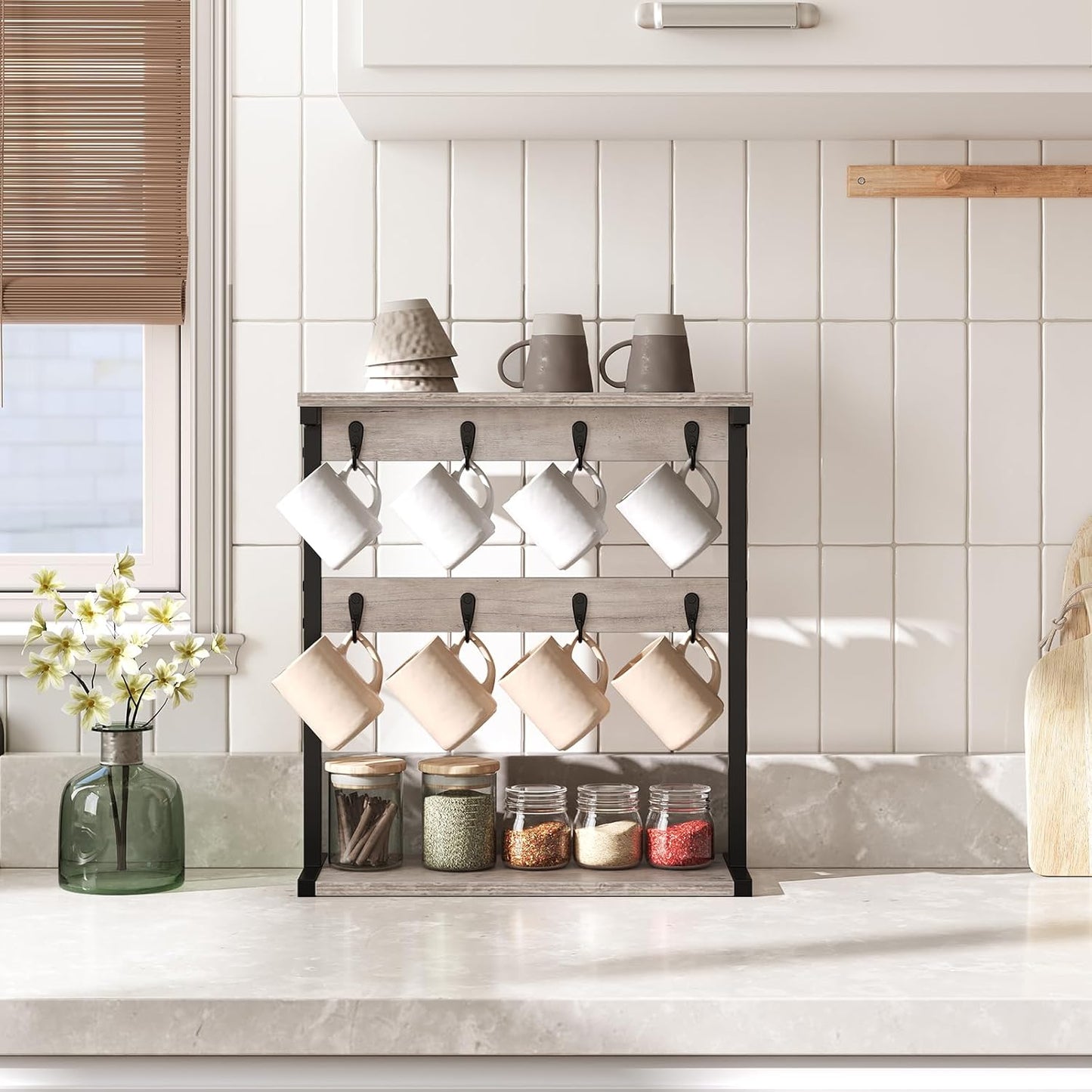 Coffee Mug Holder for Counter, 2 Tier Mug Tree Rack, with 8 Hook and 2 Open Shelves, Vintage Mug Holder Stand for Home Kitchen, Greige MH43BG