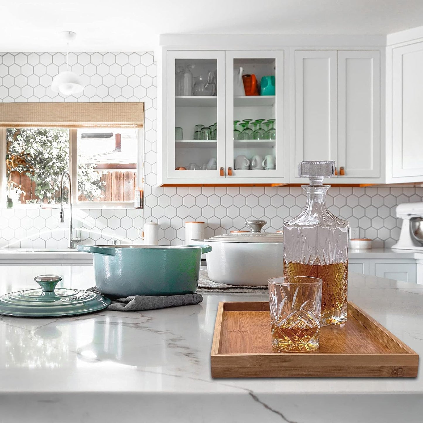 Bam & Boo - Natural Bamboo Serving Tray Modern Rectangular - for Food, Drinks, Decor, Vanity in Home, Kitchen, Bathroom, Coffee Table, Bed(Large, 13.75” x 10.25" x 1.2")