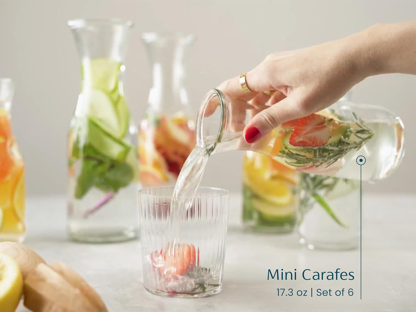 Glass Carafe Pitchers, by Kook, Mini Carafes- set of 6, Beverage Dispensers, Clear Jugs For Mimosas, Water, Wine, Milk and Juice, with Plastic Lids, Dishwasher Safe 17.3 oz