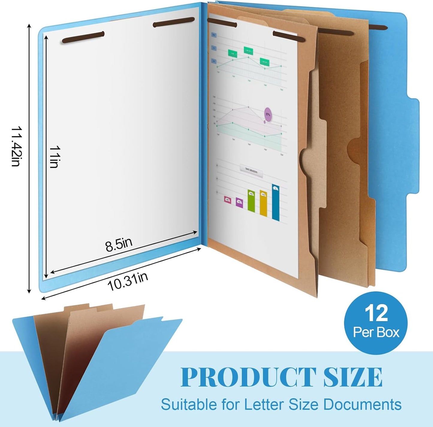 12 Pcs Classification Folders Letter Size, Back to School Supply for Teacher, Student, 2 Pocket Dividers Pressboard File Folder Bulk with 2 Fasteners, 2 in Expanding File Organizer (Blue)