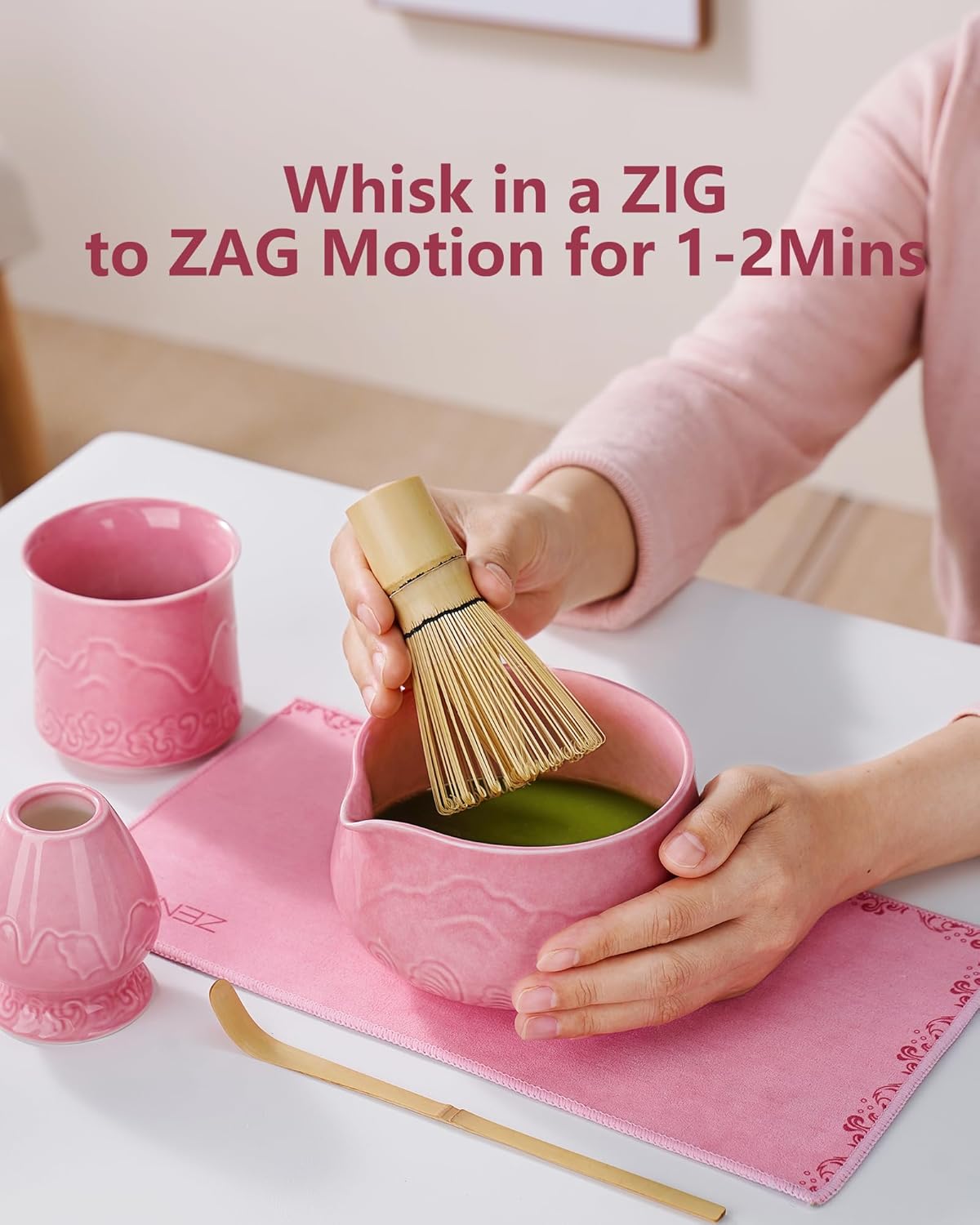 ZENS Pink Matcha Set, Matcha Whisk Set Includes 15oz Ceramic Bowl and Matcha Cup for Bamboo Whisk, (Chasen Holder), Scoop, Sifter and Tea Towel, 7pcs Matcha Kit for Matcha Lovers