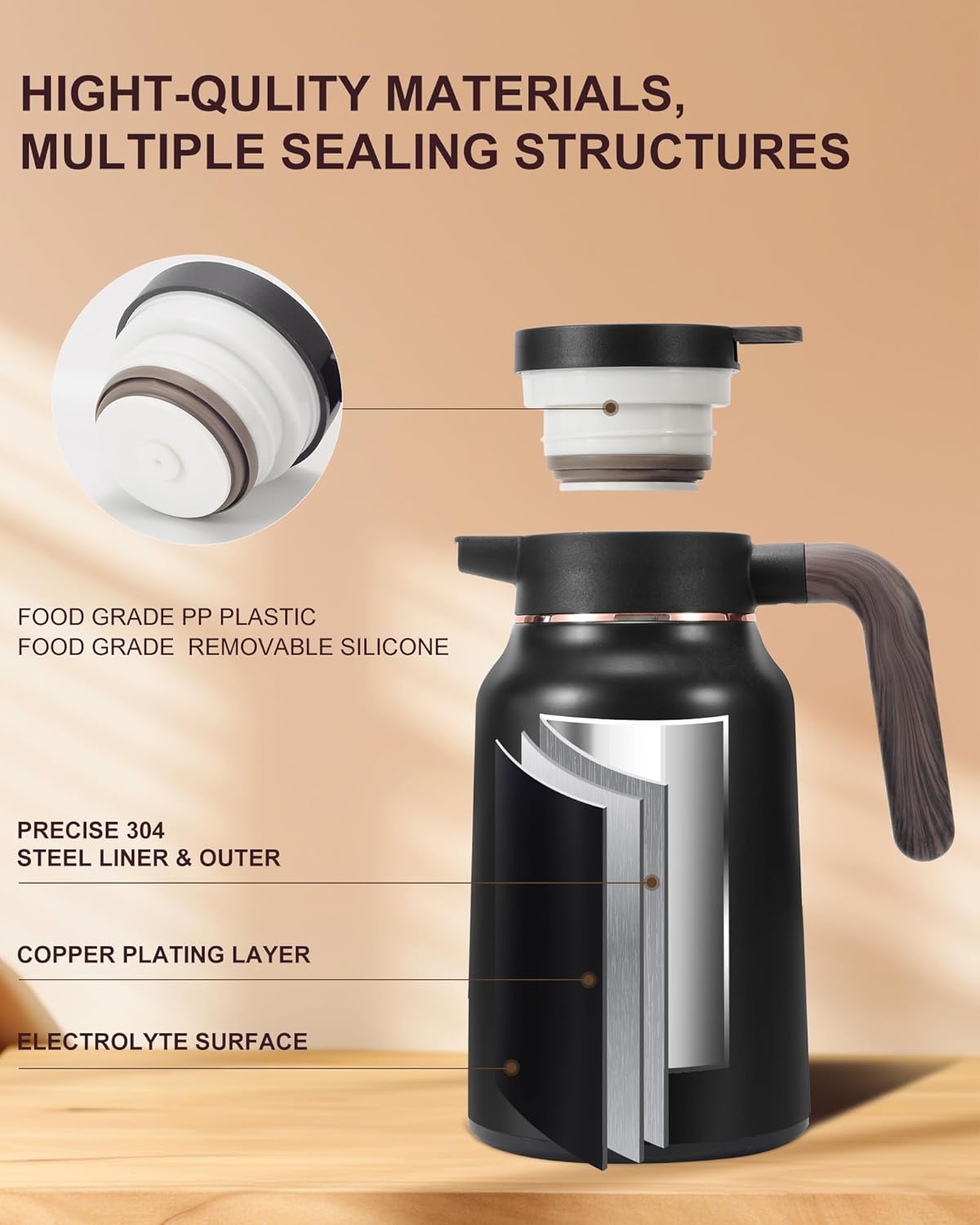 51 Oz Carafes for Hot Liquid, Stainless Steel Insulated Vacuum Thermal Coffee Carafes For Keeping Hot, 1.5 Liter Coffee Dispenser(Gold/Black)