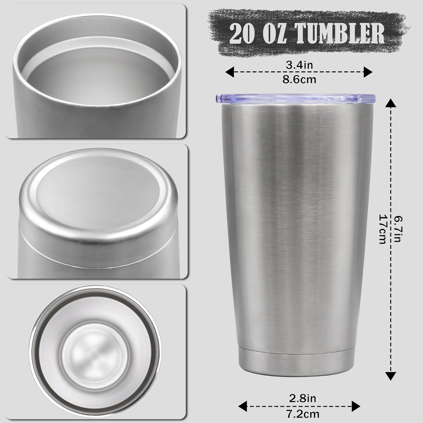 20 oz Tumbler Coffee Tavel Tumblers Bulk with Lid Stainless Steel Double Wall Vacuum Insulated Mug Powder Coated Cups fit Car Cupholder for Hot and Cold - Stainless Steel, 8Pack